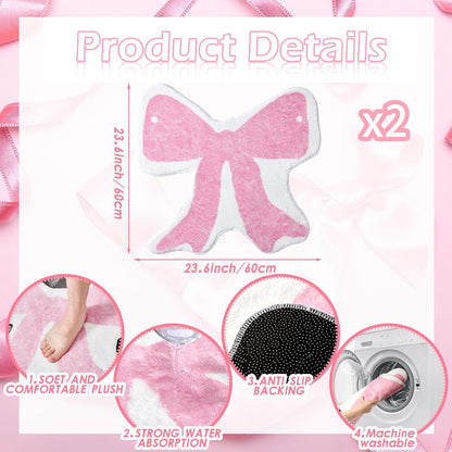 2 Pcs Pink Bow Bath Rugs 24x24 Inch Non Slip Absorbent Mats