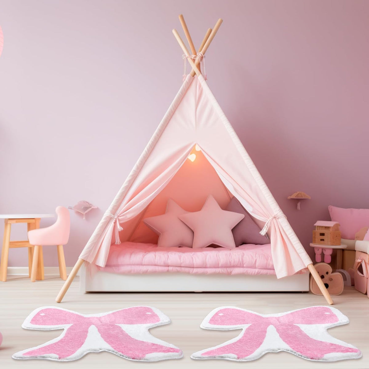 2 Pcs Pink Bow Bath Rugs 24x24 Inch Non Slip Absorbent Mats