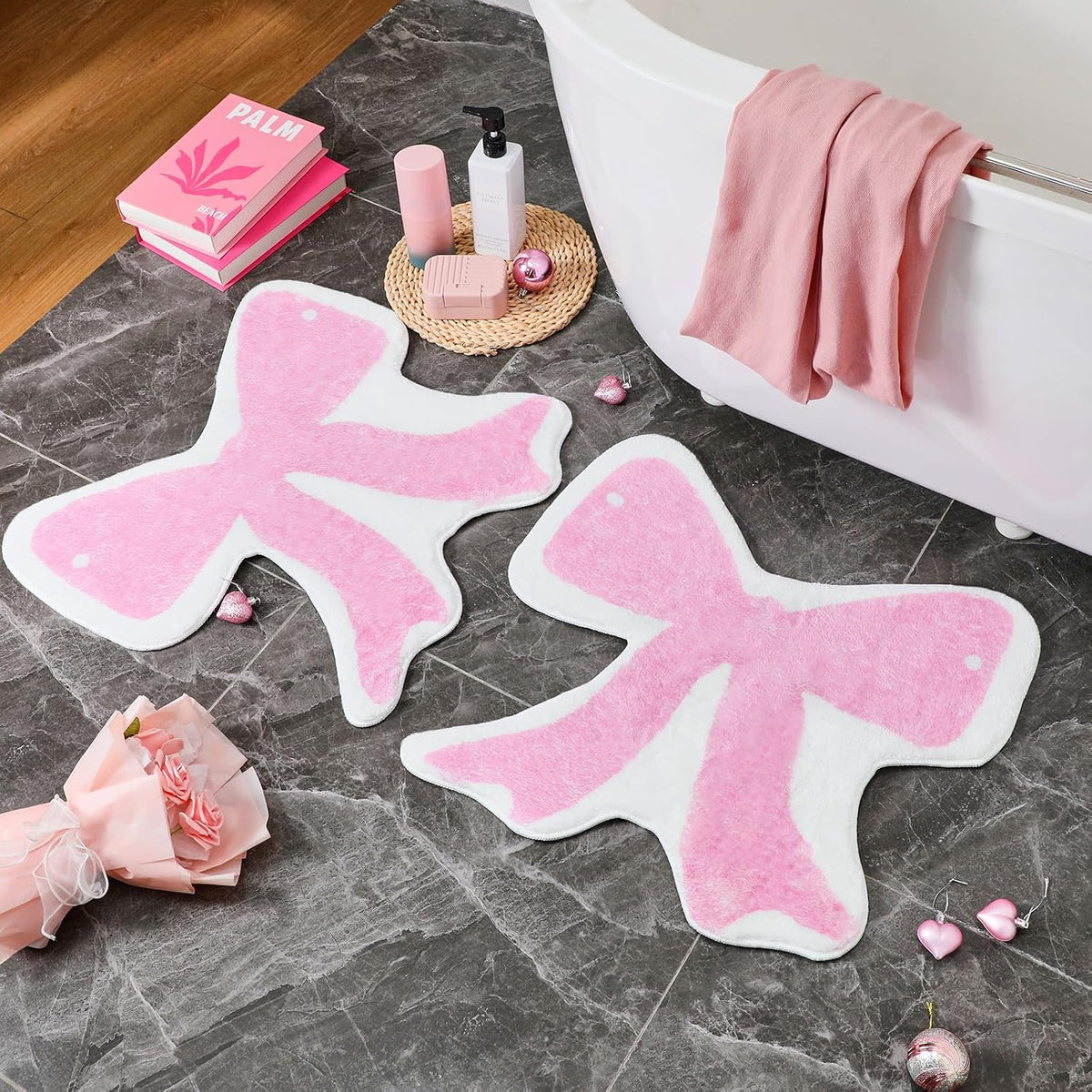2 Pcs Pink Bow Bath Rugs 24x24 Inch Non Slip Absorbent Mats
