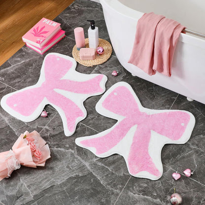 2 Pcs Pink Bow Bath Rugs 24x24 Inch Non Slip Absorbent Mats