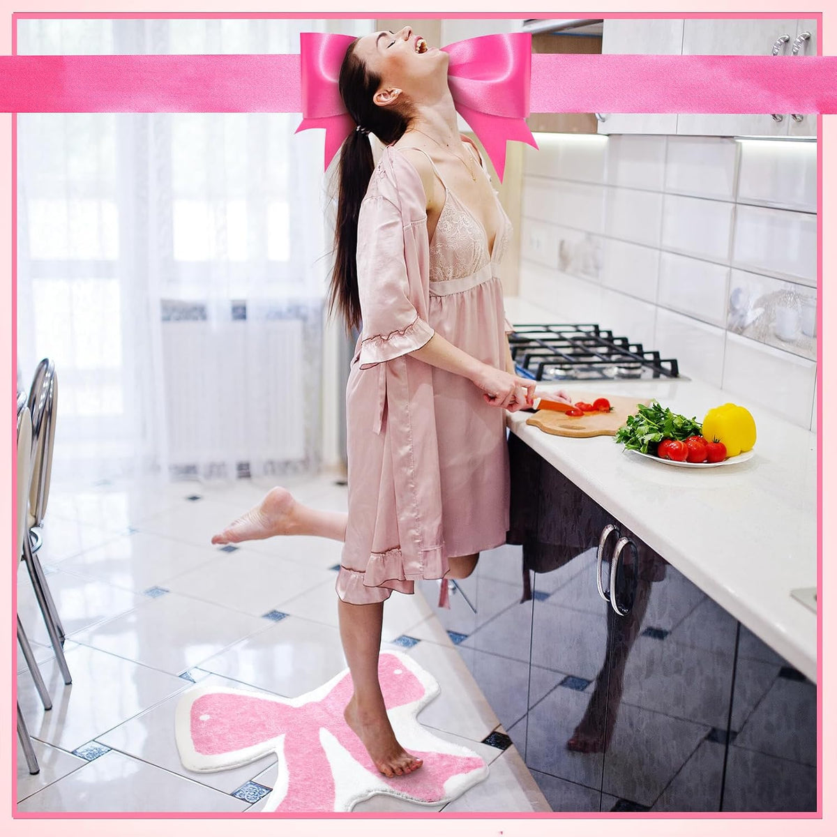 2 Pcs Pink Bow Bath Rugs 24x24 Inch Non Slip Absorbent Mats