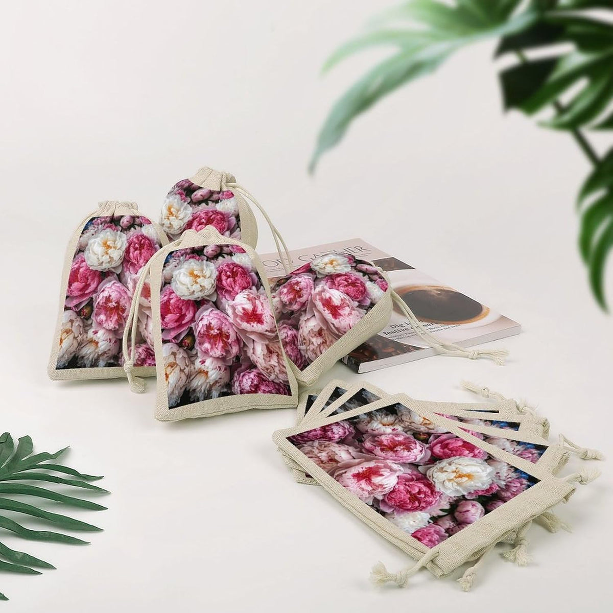 8 Pack Favors Bags Peach And White Peonies Burlap Bags Reusable Drawstring Gift Bag for Party Decorations
