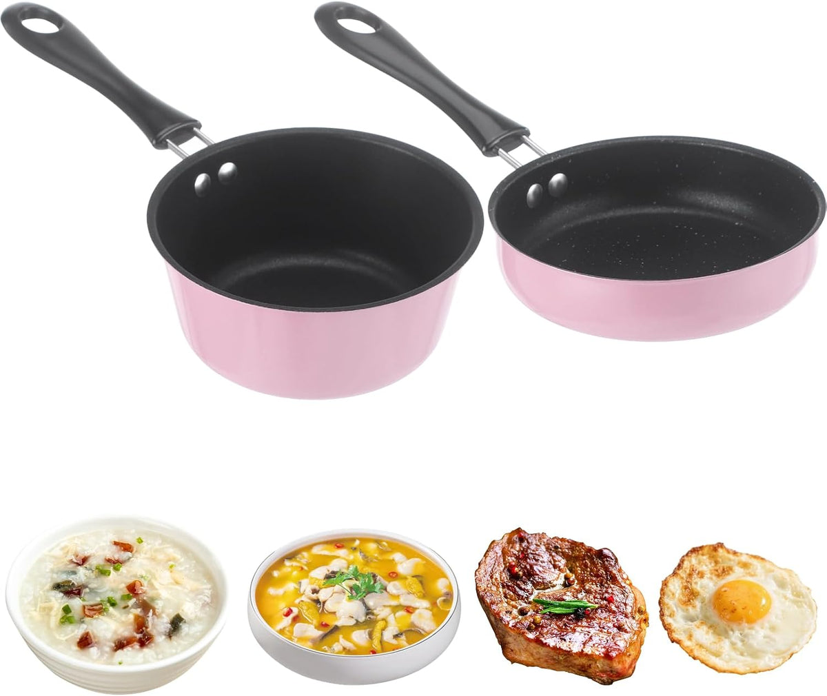 2 Pcs Mini Cookware Set, 4.7 in Nonstick Frying Pan and Milk Pot with Hanging Holes, Pink Portable Single Serving Cooking Kit for RV, Dorm, and Camping Use, Lightweight Small Pan Set