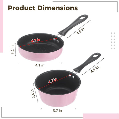 2 Pcs Mini Cookware Set, 4.7 in Nonstick Frying Pan and Milk Pot with Hanging Holes, Pink Portable Single Serving Cooking Kit for RV, Dorm, and Camping Use, Lightweight Small Pan Set