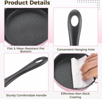2 Pcs Mini Cookware Set, 4.7 in Nonstick Frying Pan and Milk Pot with Hanging Holes, Pink Portable Single Serving Cooking Kit for RV, Dorm, and Camping Use, Lightweight Small Pan Set