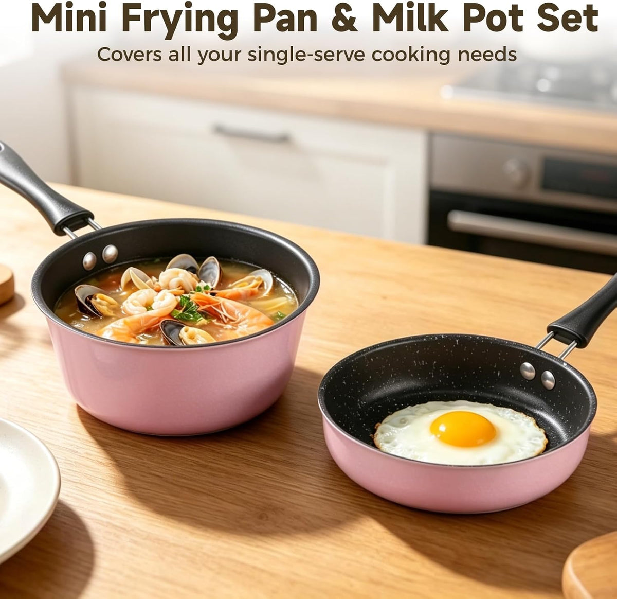2 Pcs Mini Cookware Set, 4.7 in Nonstick Frying Pan and Milk Pot with Hanging Holes, Pink Portable Single Serving Cooking Kit for RV, Dorm, and Camping Use, Lightweight Small Pan Set