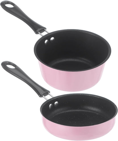 2 Pcs Mini Cookware Set, 4.7 in Nonstick Frying Pan and Milk Pot with Hanging Holes, Pink Portable Single Serving Cooking Kit for RV, Dorm, and Camping Use, Lightweight Small Pan Set