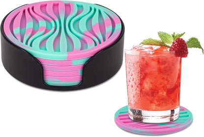 6 Pack Rubber Drink Coasters Plastic Coaster with Holder, Silicone Cup Mat