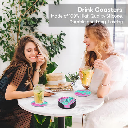6 Pack Rubber Drink Coasters Plastic Coaster with Holder, Silicone Cup Mat