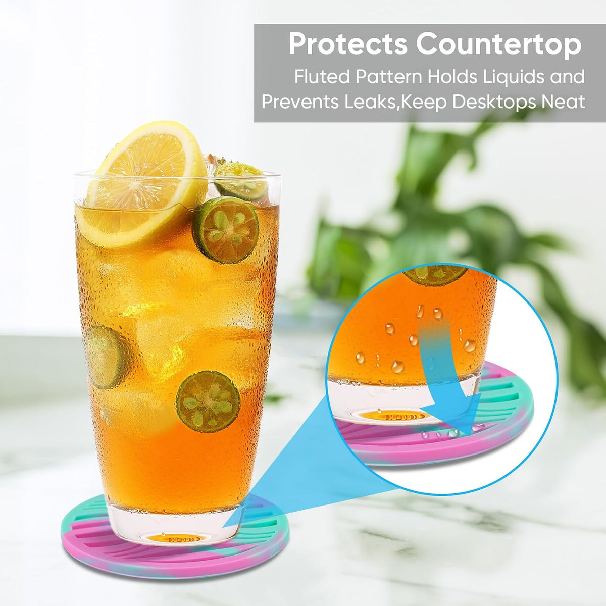 6 Pack Rubber Drink Coasters Plastic Coaster with Holder, Silicone Cup Mat