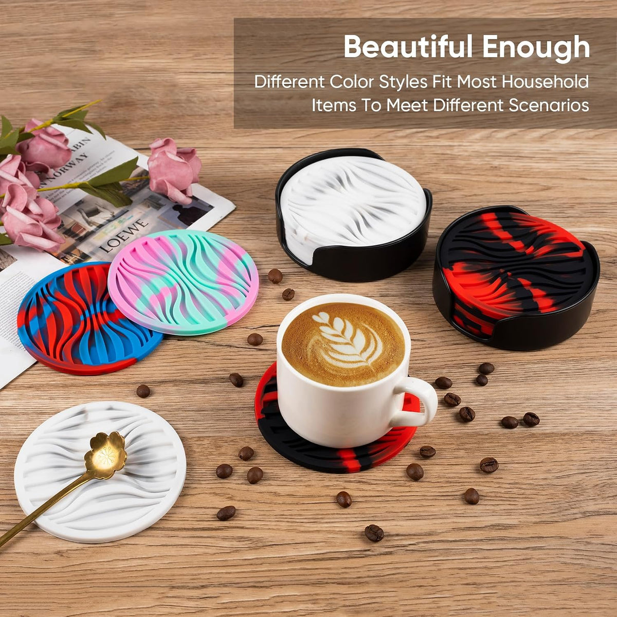 6 Pack Rubber Drink Coasters Plastic Coaster with Holder, Silicone Cup Mat