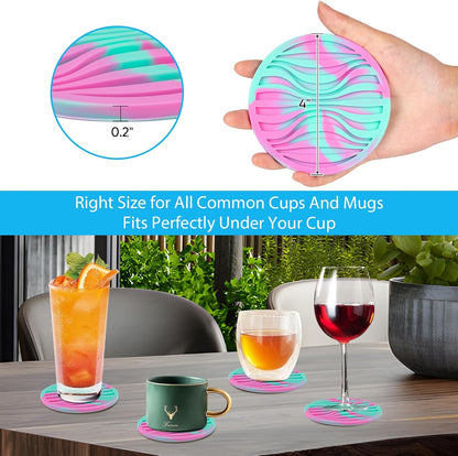 6 Pack Rubber Drink Coasters Plastic Coaster with Holder, Silicone Cup Mat