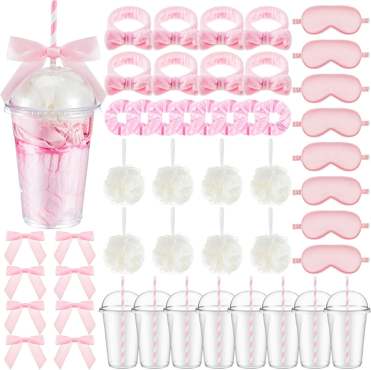 56 Pcs Spa Sleepover Party Supplies Including Headband Sleep Eye Mask Velvet Scrunchies Bath Loofah Sponges Plastic Cup with Lids Straws for Girls' Night Birthday Party (Pink)