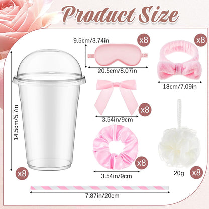 56 Pcs Spa Sleepover Party Supplies Including Headband Sleep Eye Mask Velvet Scrunchies Bath Loofah Sponges Plastic Cup with Lids Straws for Girls' Night Birthday Party (Pink)