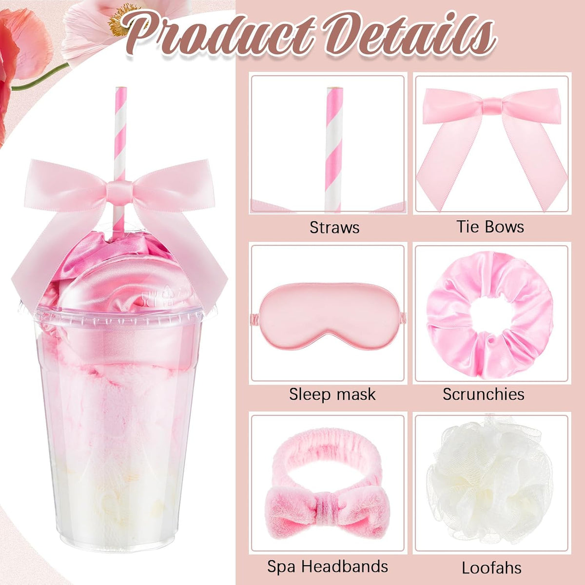 56 Pcs Spa Sleepover Party Supplies Including Headband Sleep Eye Mask Velvet Scrunchies Bath Loofah Sponges Plastic Cup with Lids Straws for Girls' Night Birthday Party (Pink)