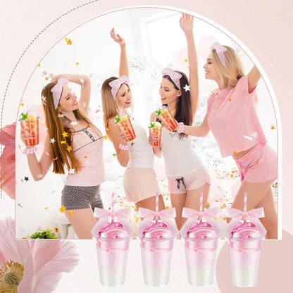 56 Pcs Spa Sleepover Party Supplies Including Headband Sleep Eye Mask Velvet Scrunchies Bath Loofah Sponges Plastic Cup with Lids Straws for Girls' Night Birthday Party (Pink)