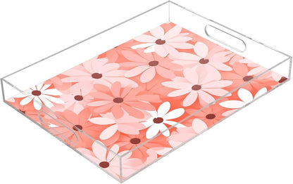 Pink Floral Serving Tray Acrylic Decorative Tray Rectangular Tray with Handles