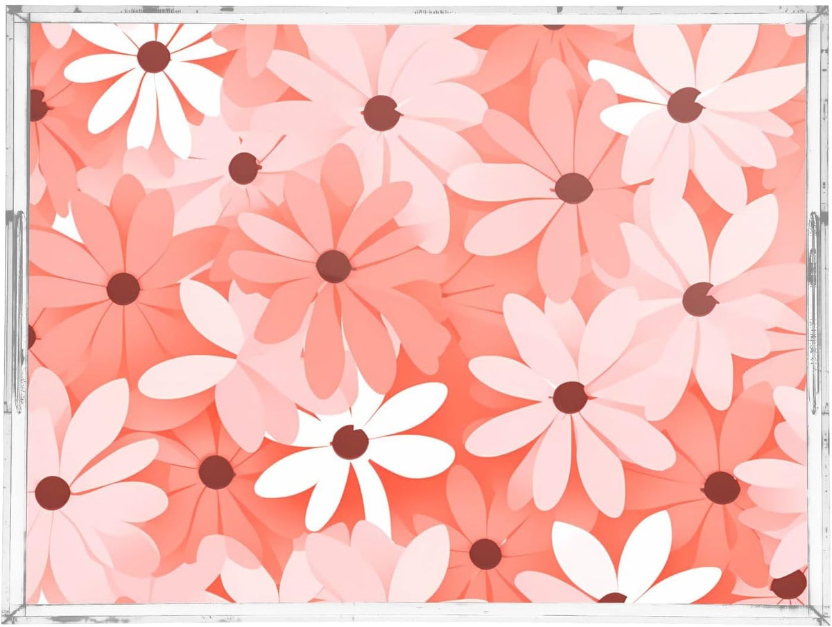 Pink Floral Serving Tray Acrylic Decorative Tray Rectangular Tray with Handles
