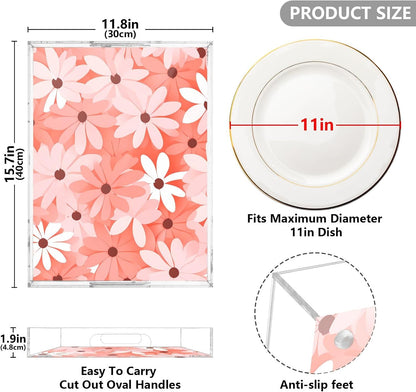 Pink Floral Serving Tray Acrylic Decorative Tray Rectangular Tray with Handles