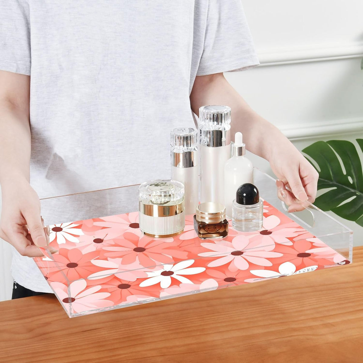 Pink Floral Serving Tray Acrylic Decorative Tray Rectangular Tray with Handles