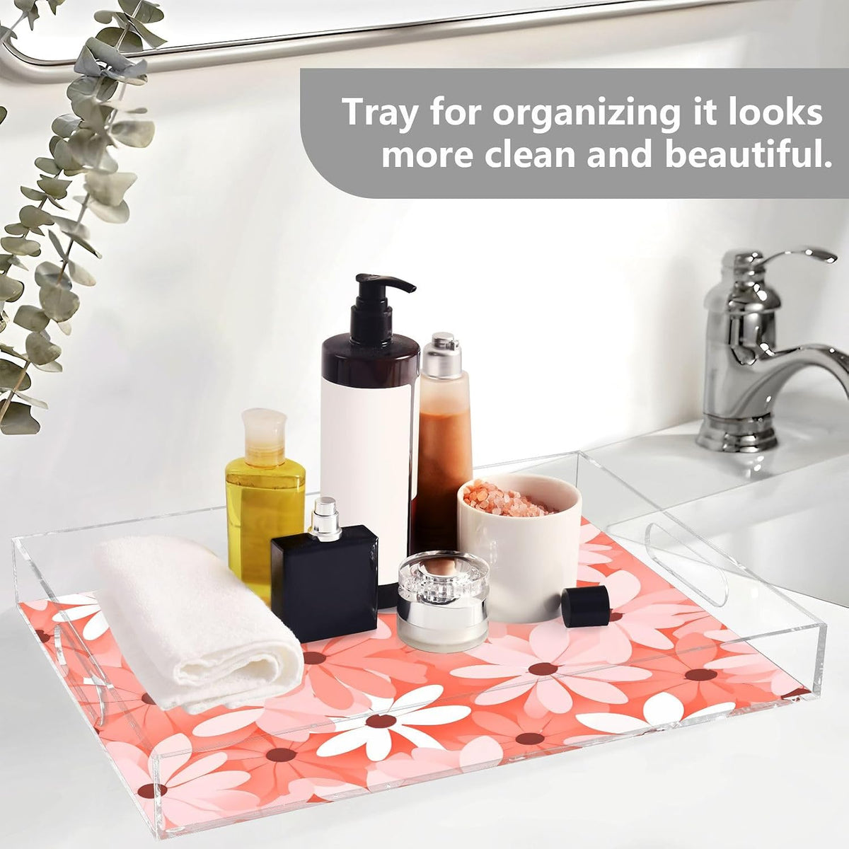 Pink Floral Serving Tray Acrylic Decorative Tray Rectangular Tray with Handles
