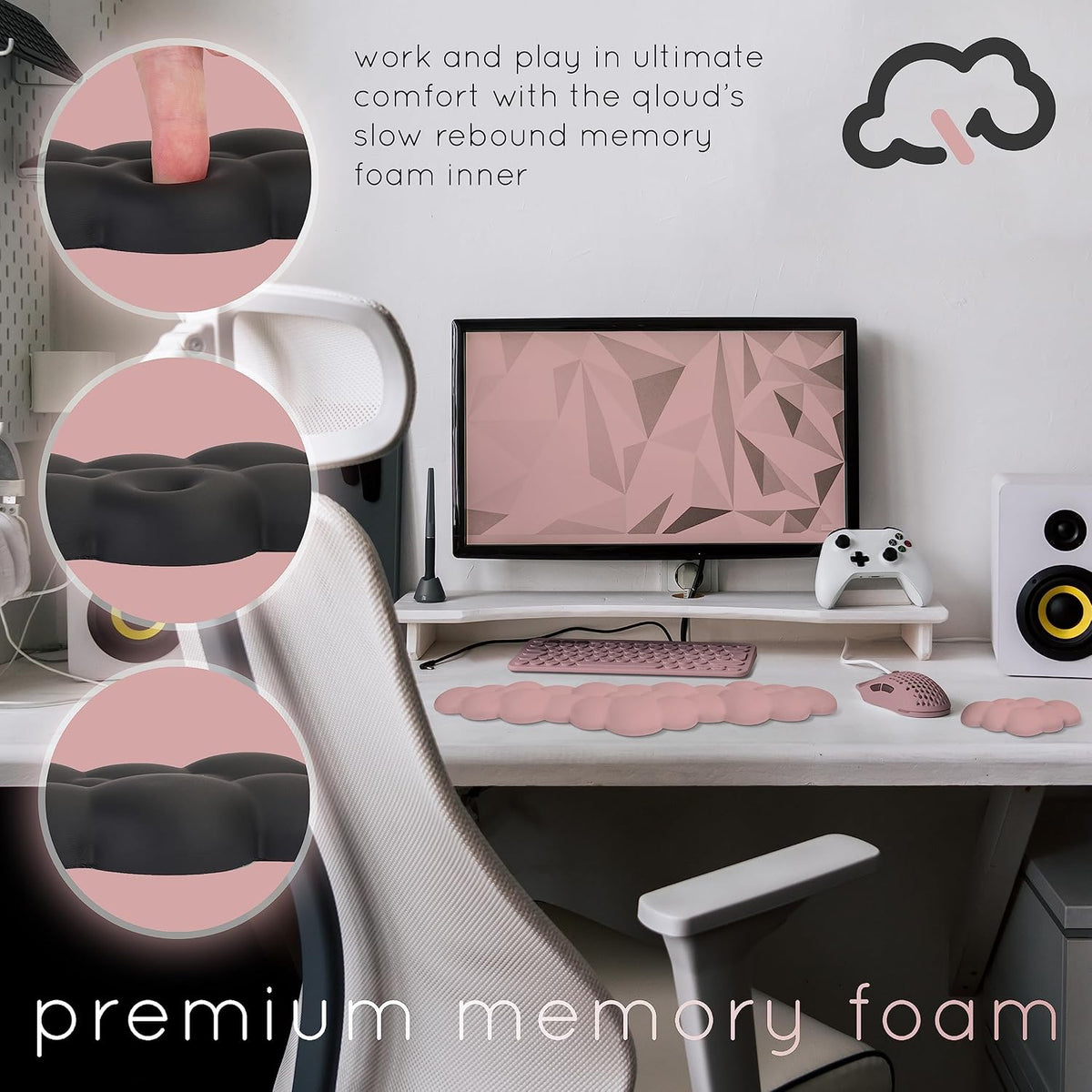 Pink Cloud Keyboard Wrist Rest – Qloud Pink Wrist Rest for Computer Keyboard and Mouse, Ergonomic Memory Foam Wrist Pad with Non-Slip Base, Includes Cloud Mouse Pad