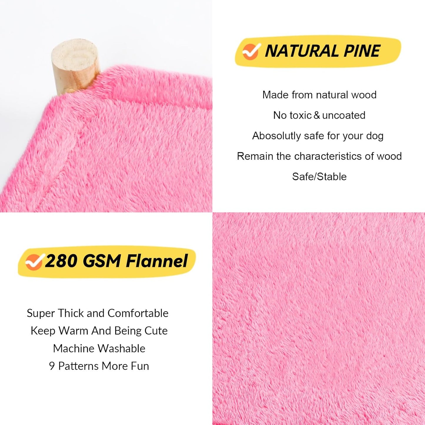 Patas Lague Cat and Dog Hammock Bed for Small Dogs, Brethable Wooden Cat Pet Rabbit Elevated Bed Cots Furniture for All Seasons Fleece Hot Pink