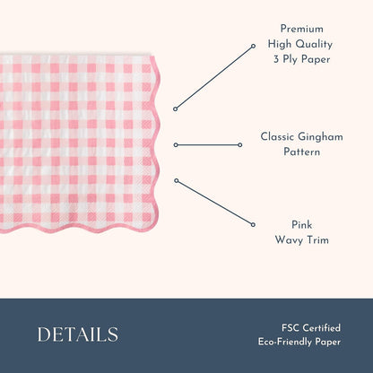 Bonjour Fête Pink Gingham Paper Party Dinner Napkins | Premium Party Supplies | Baby Showers, Tea Parties, Valentine's Day, & Festive Gatherings | Pack of 16, 6.5" Folded