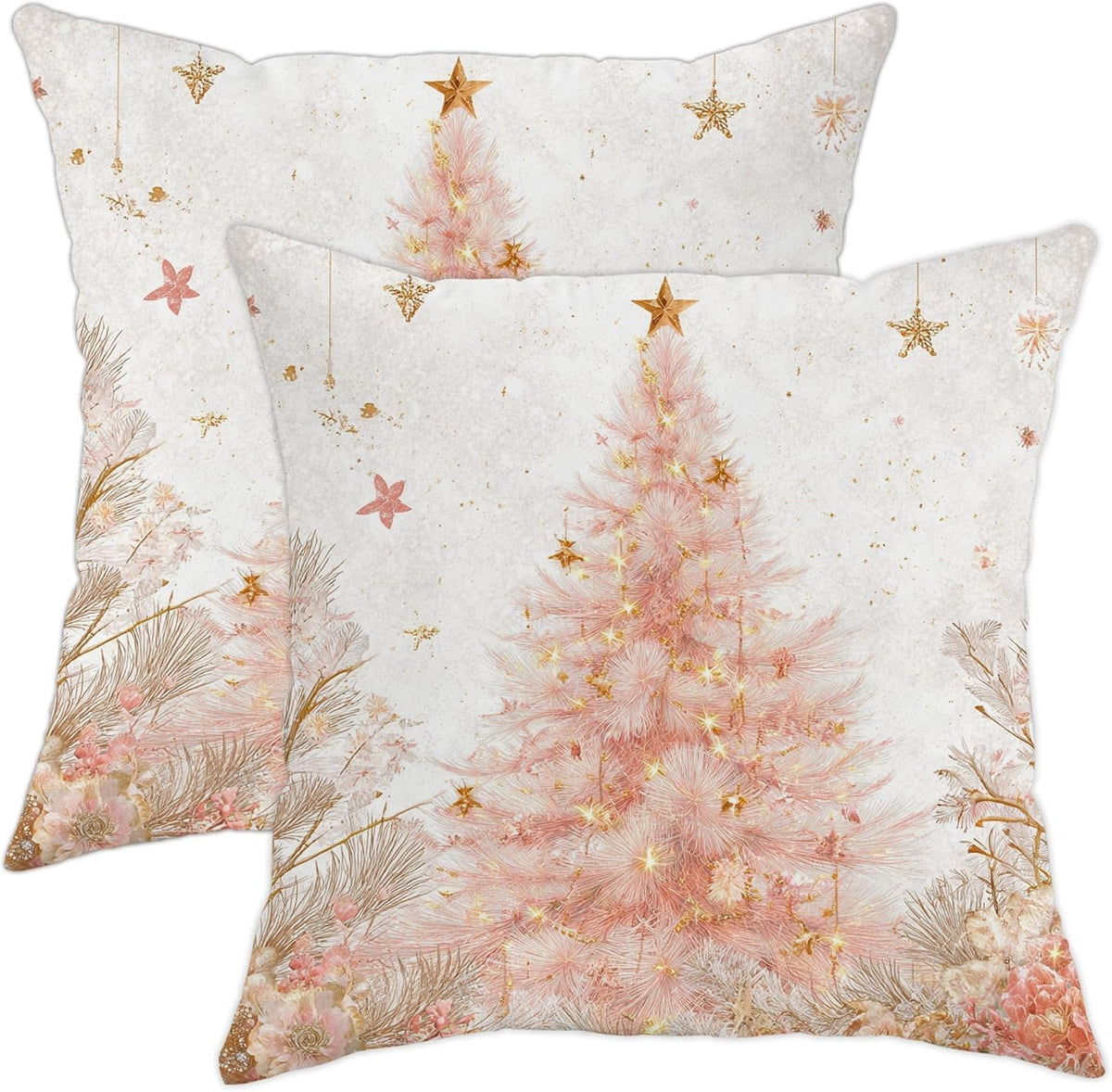 Christmas Tree Throw Pillow Covers, Festive Fanciful Stars Flowers Xmas Peach Soft Velvet Washable Couch Pillow Covers for Living Room Bed Office Sofa Chair Decor 22x22 Inch