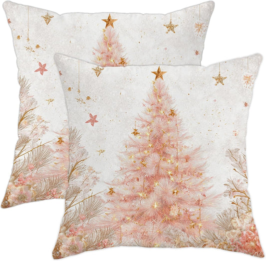 Christmas Tree Throw Pillow Covers, Festive Fanciful Stars Flowers Xmas Peach Soft Velvet Washable Couch Pillow Covers for Living Room Bed Office Sofa Chair Decor 22x22 Inch
