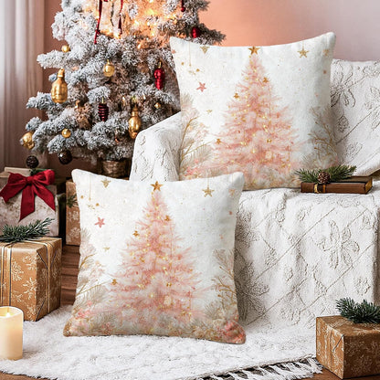 Christmas Tree Throw Pillow Covers, Festive Fanciful Stars Flowers Xmas Peach Soft Velvet Washable Couch Pillow Covers for Living Room Bed Office Sofa Chair Decor 22x22 Inch