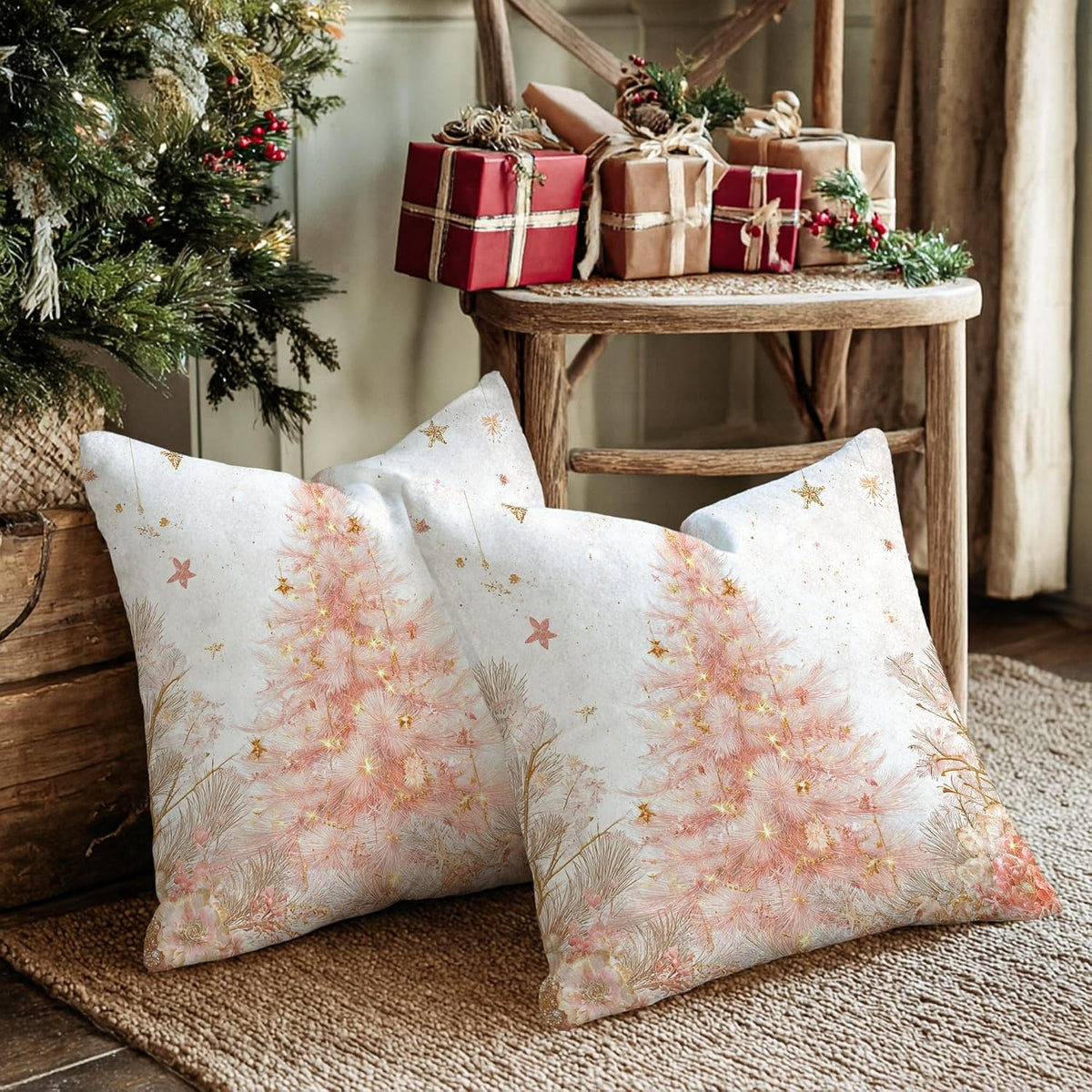 Christmas Tree Throw Pillow Covers, Festive Fanciful Stars Flowers Xmas Peach Soft Velvet Washable Couch Pillow Covers for Living Room Bed Office Sofa Chair Decor 22x22 Inch