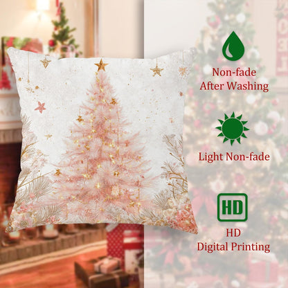 Christmas Tree Throw Pillow Covers, Festive Fanciful Stars Flowers Xmas Peach Soft Velvet Washable Couch Pillow Covers for Living Room Bed Office Sofa Chair Decor 22x22 Inch