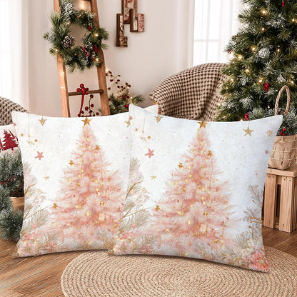 Christmas Tree Throw Pillow Covers, Festive Fanciful Stars Flowers Xmas Peach Soft Velvet Washable Couch Pillow Covers for Living Room Bed Office Sofa Chair Decor 22x22 Inch