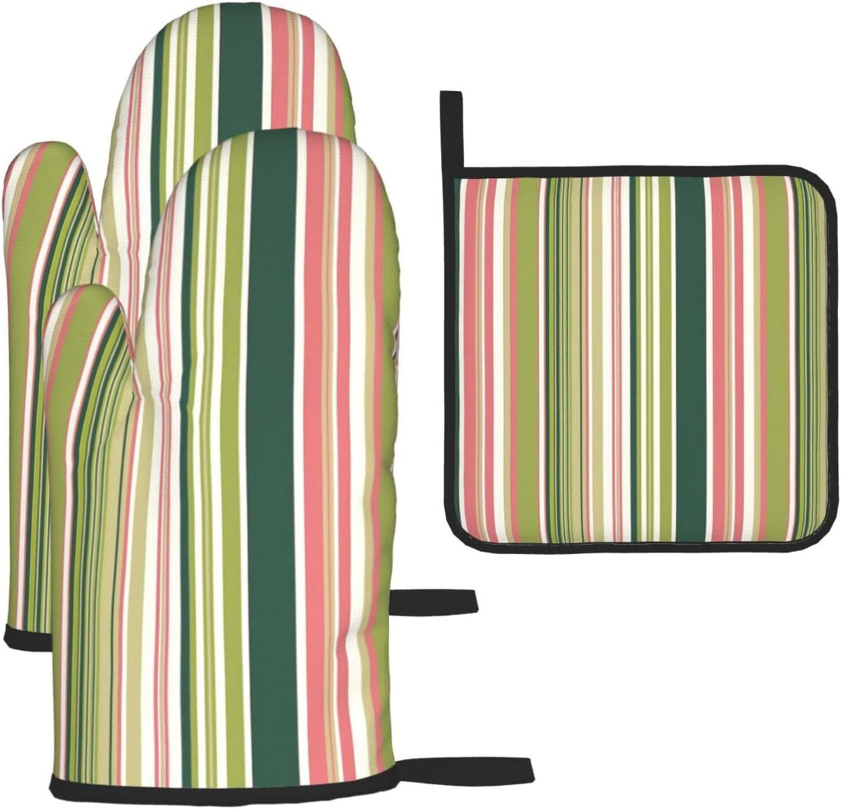 Green Pink White Stripes Oven Mitts 3pcs Set