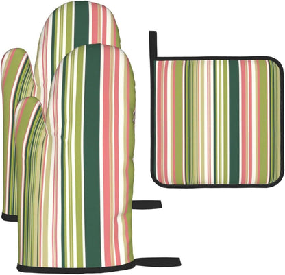 Green Pink White Stripes Oven Mitts 3pcs Set