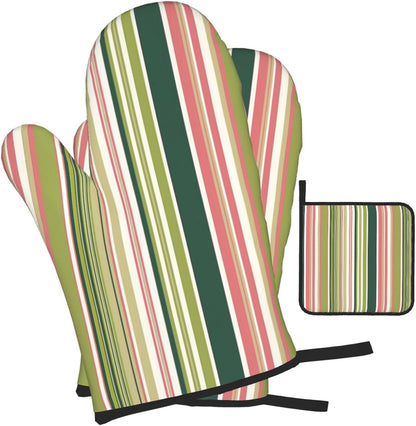 Green Pink White Stripes Oven Mitts 3pcs Set