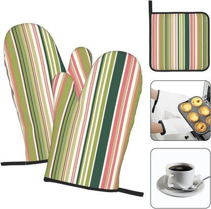 Green Pink White Stripes Oven Mitts 3pcs Set