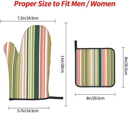 Green Pink White Stripes Oven Mitts 3pcs Set