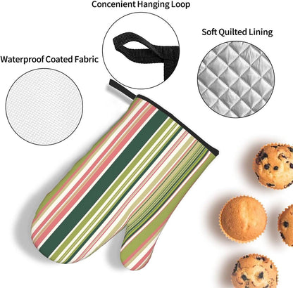 Green Pink White Stripes Oven Mitts 3pcs Set