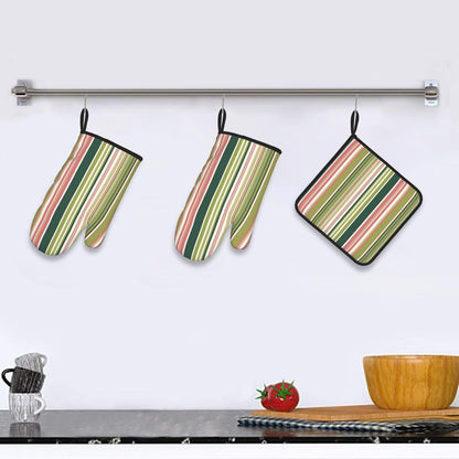 Green Pink White Stripes Oven Mitts 3pcs Set