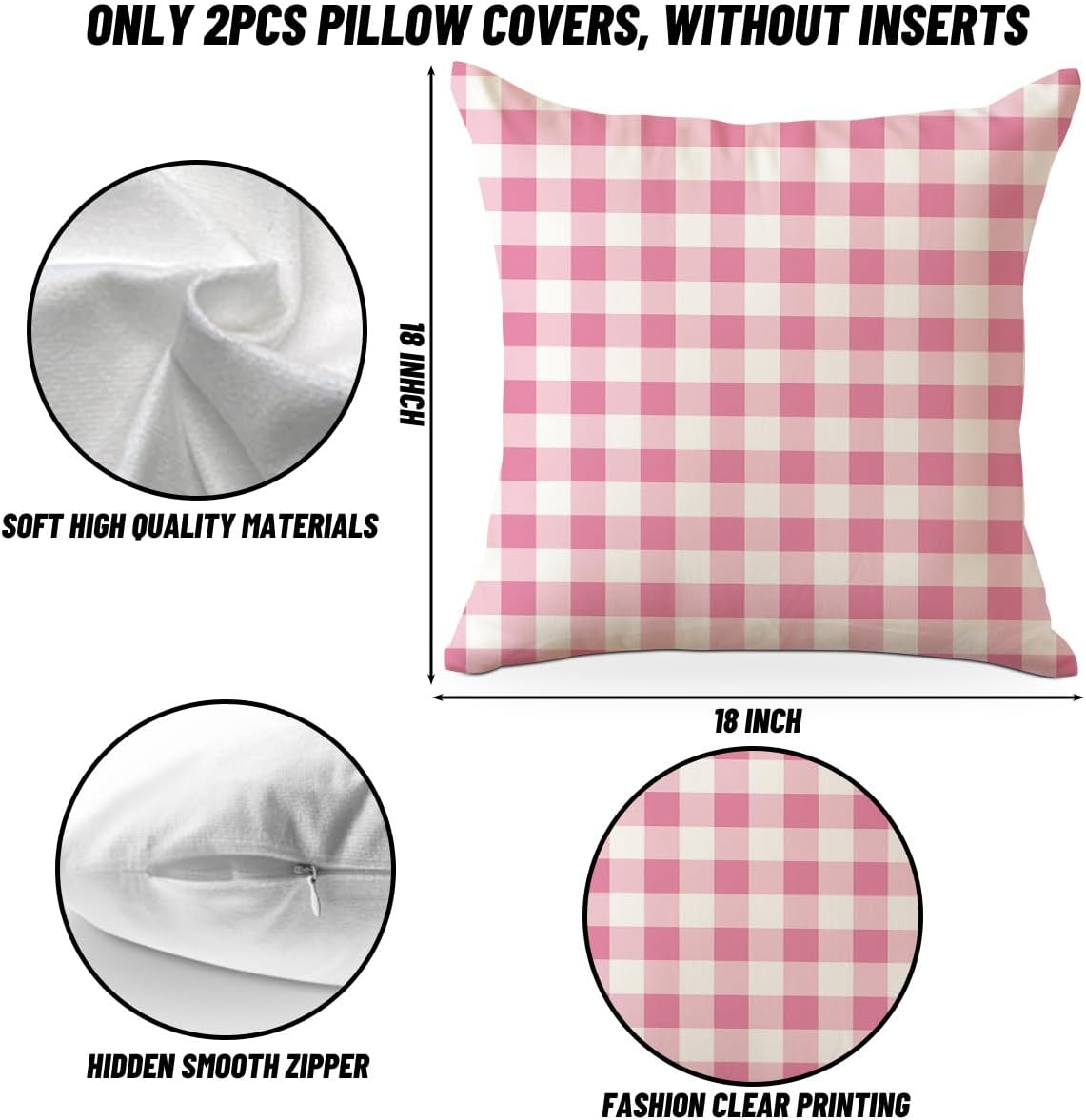 Pink Checkered Pillow Covers 18x18 Pack of 2, Classic Plaid Gingham Throw Pillow Covers for Office, Living Room, Farmhouse Bed, Sofa, Couch Decor