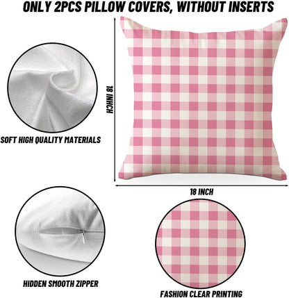 Pink Checkered Pillow Covers 18x18 Pack of 2, Classic Plaid Gingham Throw Pillow Covers for Office, Living Room, Farmhouse Bed, Sofa, Couch Decor