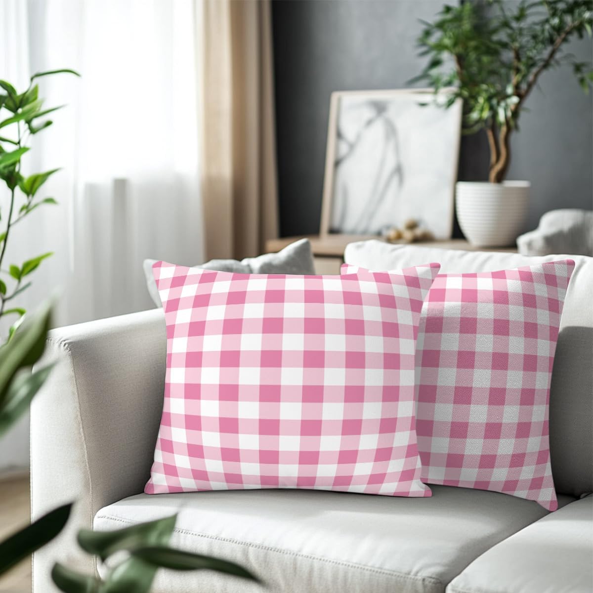 Pink Checkered Pillow Covers 18x18 Pack of 2, Classic Plaid Gingham Throw Pillow Covers for Office, Living Room, Farmhouse Bed, Sofa, Couch Decor