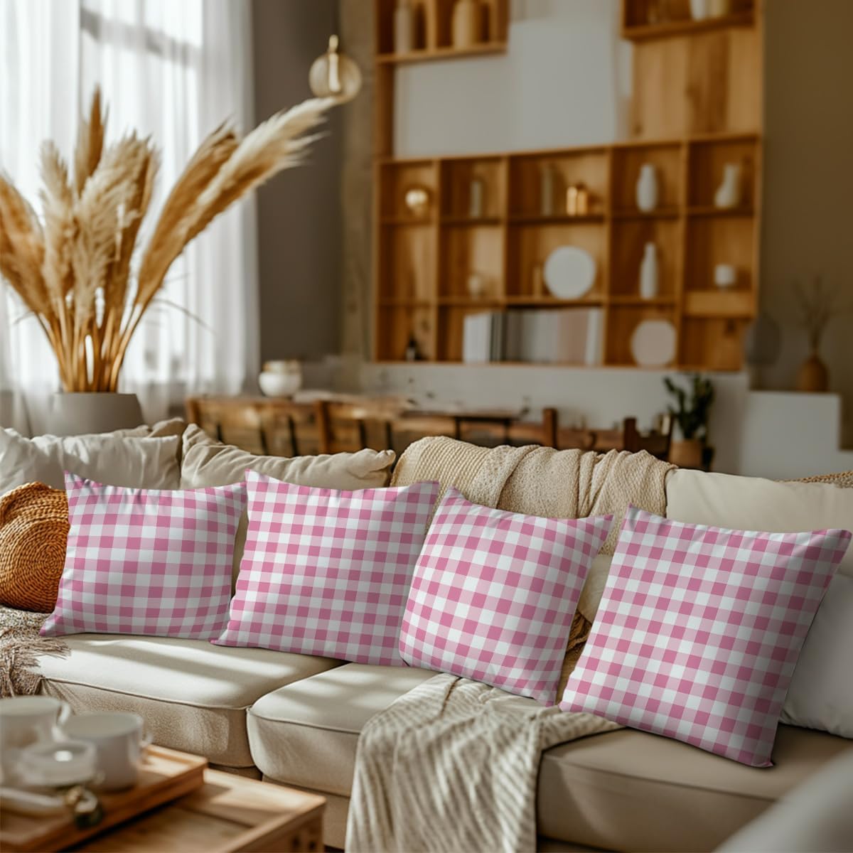 Pink Checkered Pillow Covers 18x18 Pack of 2, Classic Plaid Gingham Throw Pillow Covers for Office, Living Room, Farmhouse Bed, Sofa, Couch Decor