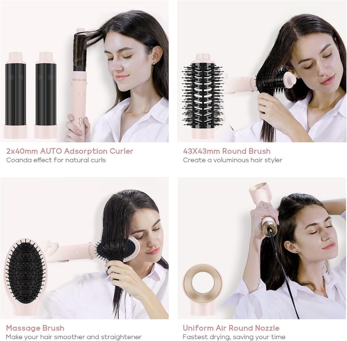 IG MegaAIR Styler, 5 in-1 Professional Interchange Hair Dryer Brush 110,000 RPM Brushless BLDC Motor Ionic Hot Air Styler Volumizing and Shape, Pink