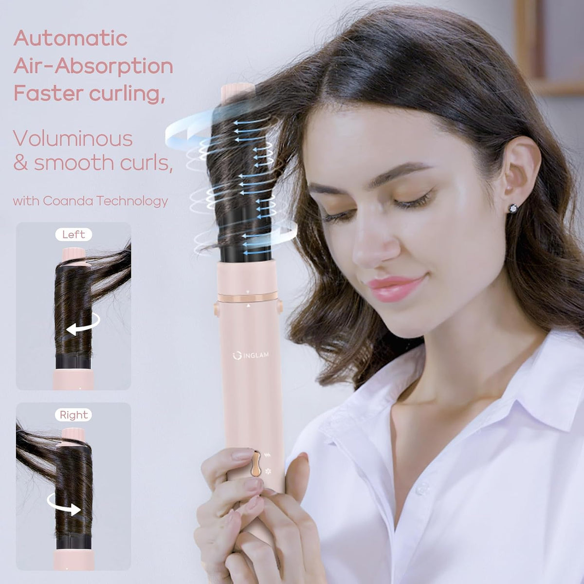 IG MegaAIR Styler, 5 in-1 Professional Interchange Hair Dryer Brush 110,000 RPM Brushless BLDC Motor Ionic Hot Air Styler Volumizing and Shape, Pink