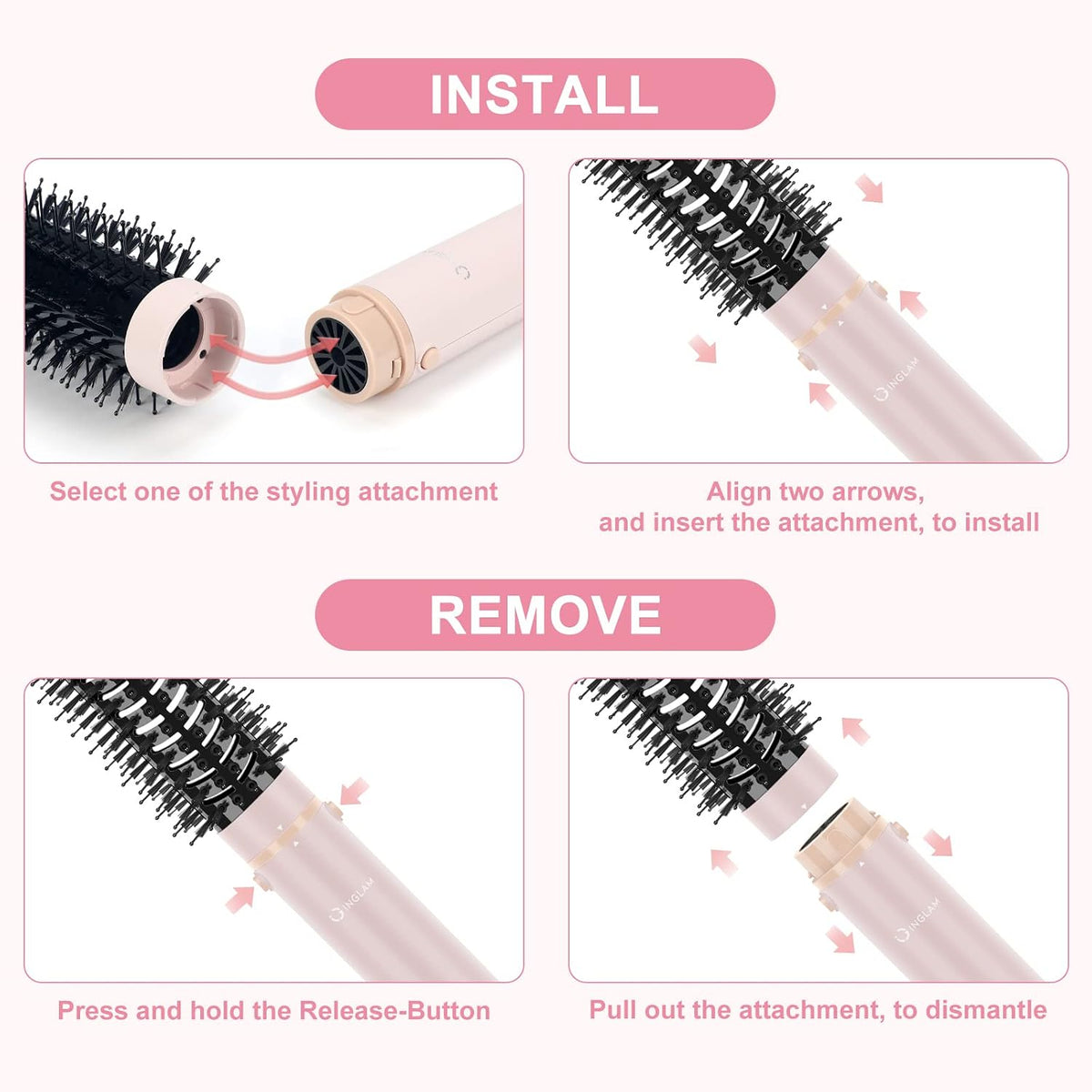 IG MegaAIR Styler, 5 in-1 Professional Interchange Hair Dryer Brush 110,000 RPM Brushless BLDC Motor Ionic Hot Air Styler Volumizing and Shape, Pink
