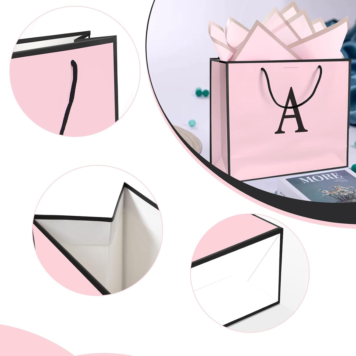 Personalized Initial Paper Bag for Women Grils,Monogrammed Gift Bag with Bow Ribbon,Wrapping Tissue and Card Matching Envelope Sticker (Pink, A-Medium)