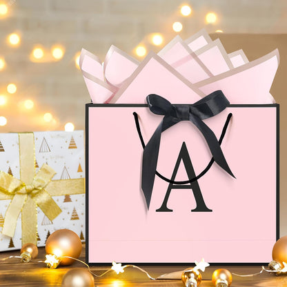 Personalized Initial Paper Bag for Women Grils,Monogrammed Gift Bag with Bow Ribbon,Wrapping Tissue and Card Matching Envelope Sticker (Pink, A-Medium)